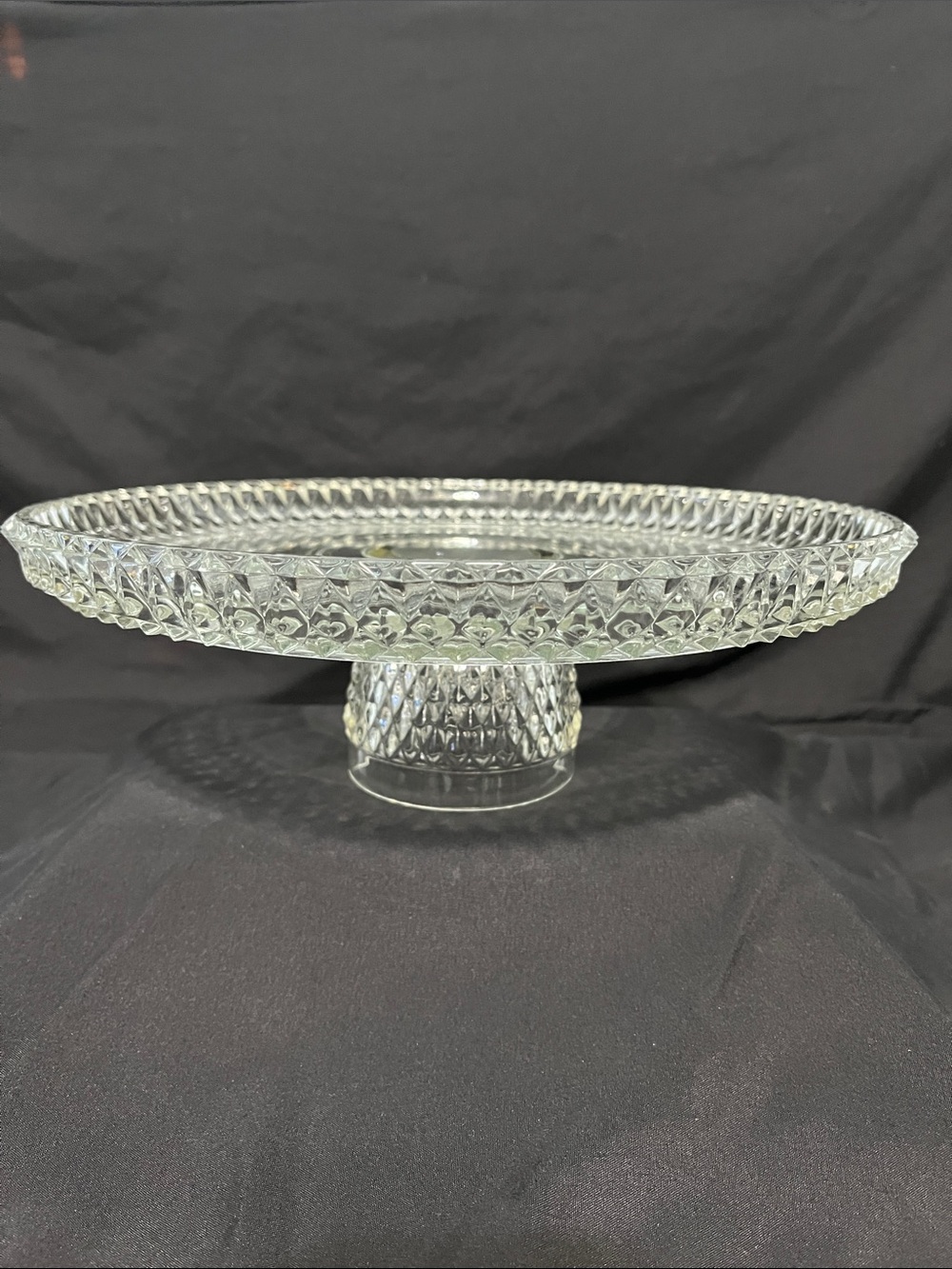 Vintage Footed Cake Plate Clear Crystal Diamond Point Indiana Glass 12"W 4.5"H
